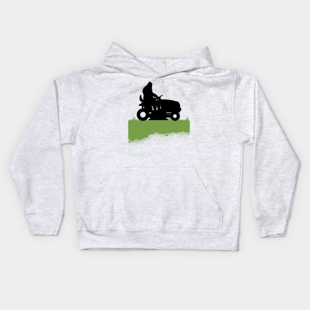 Bigfoot Riding Lawnmower Sasquatch Mowing The Lawn Kids Hoodie by Tesszero